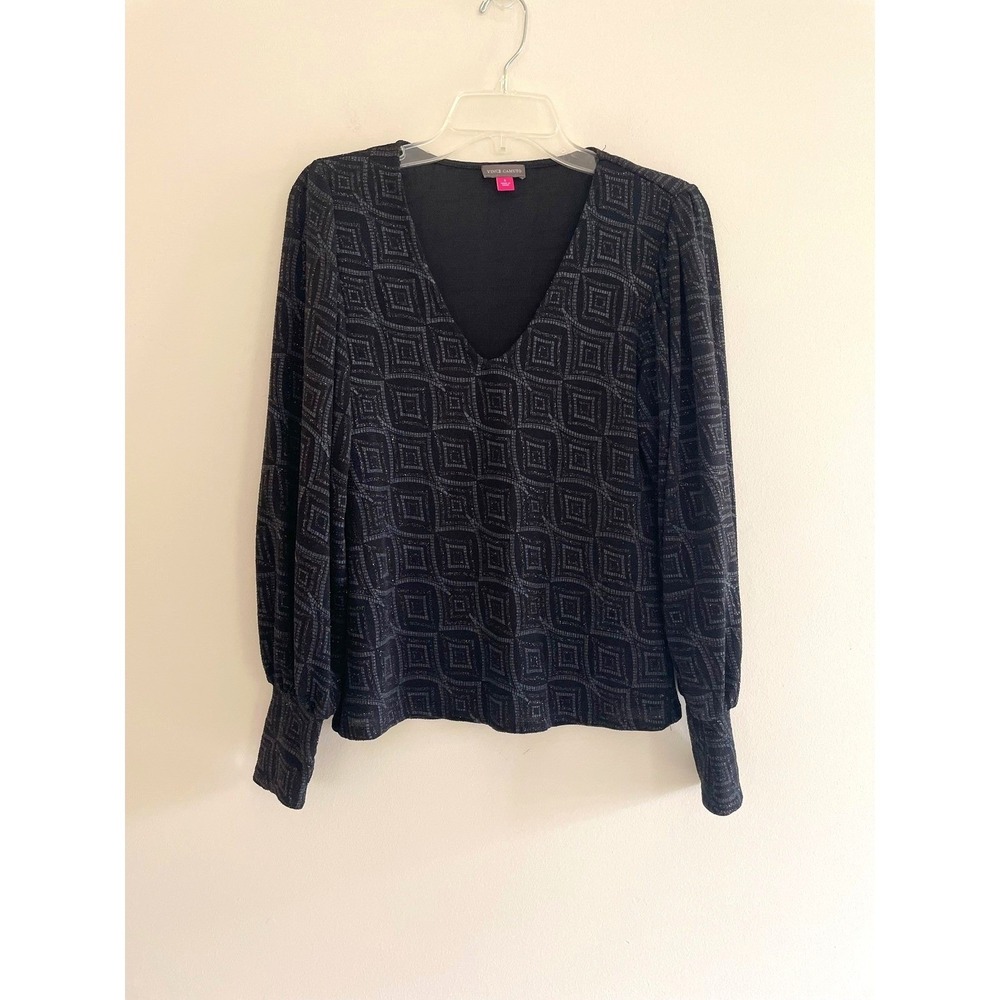 Vince Camuto‎ Womens Black Metallic Geometric V-Neck Puff Sleeve Blouse Small